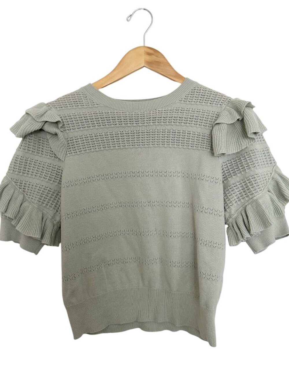 Calligraphie Knit Sweater Top M Sage Green Ruffle Sleeve Pointelle Cottagecore
